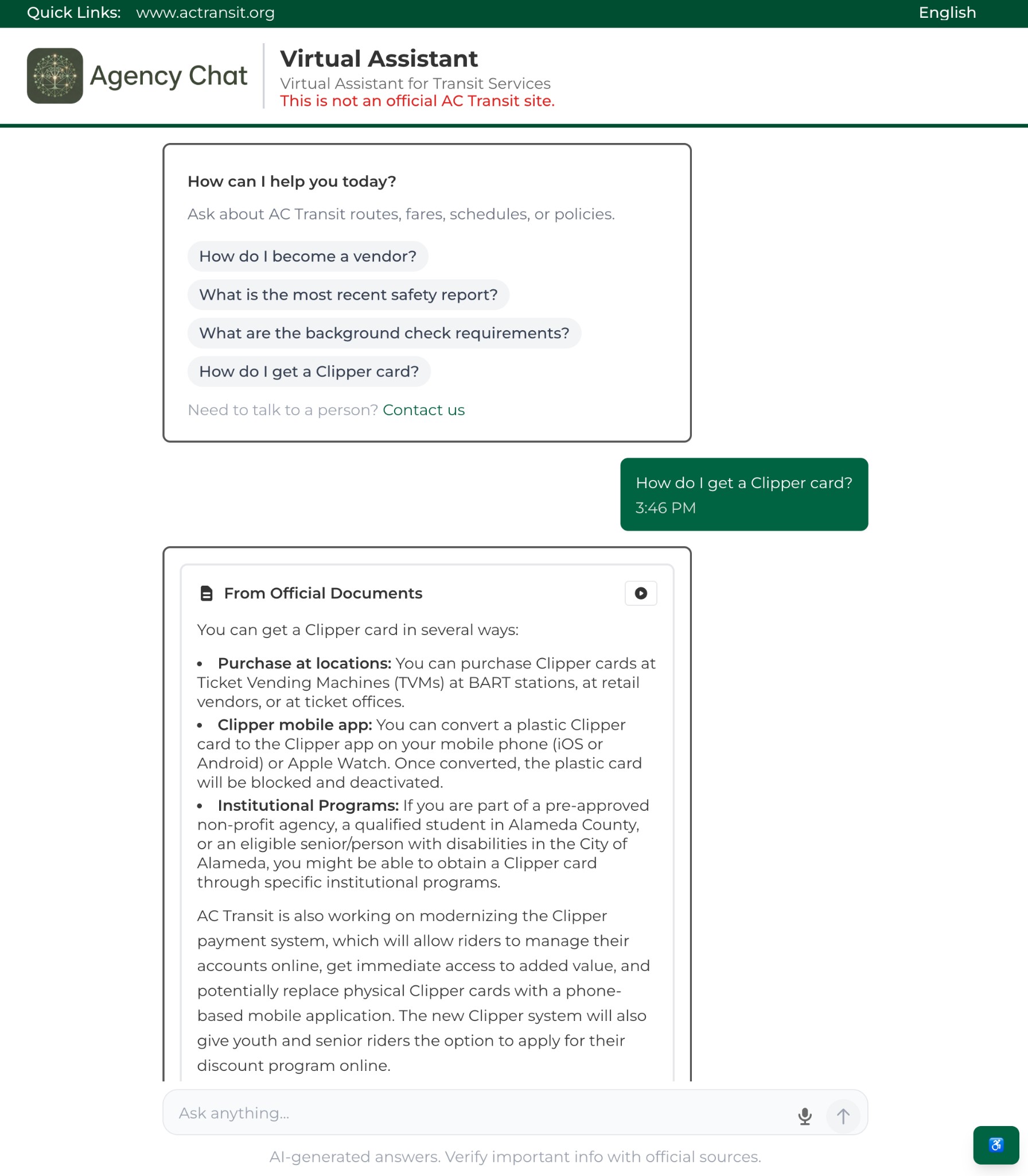 City of Oakland Virtual Assistant showing ADU regulations with citations from official municipal code