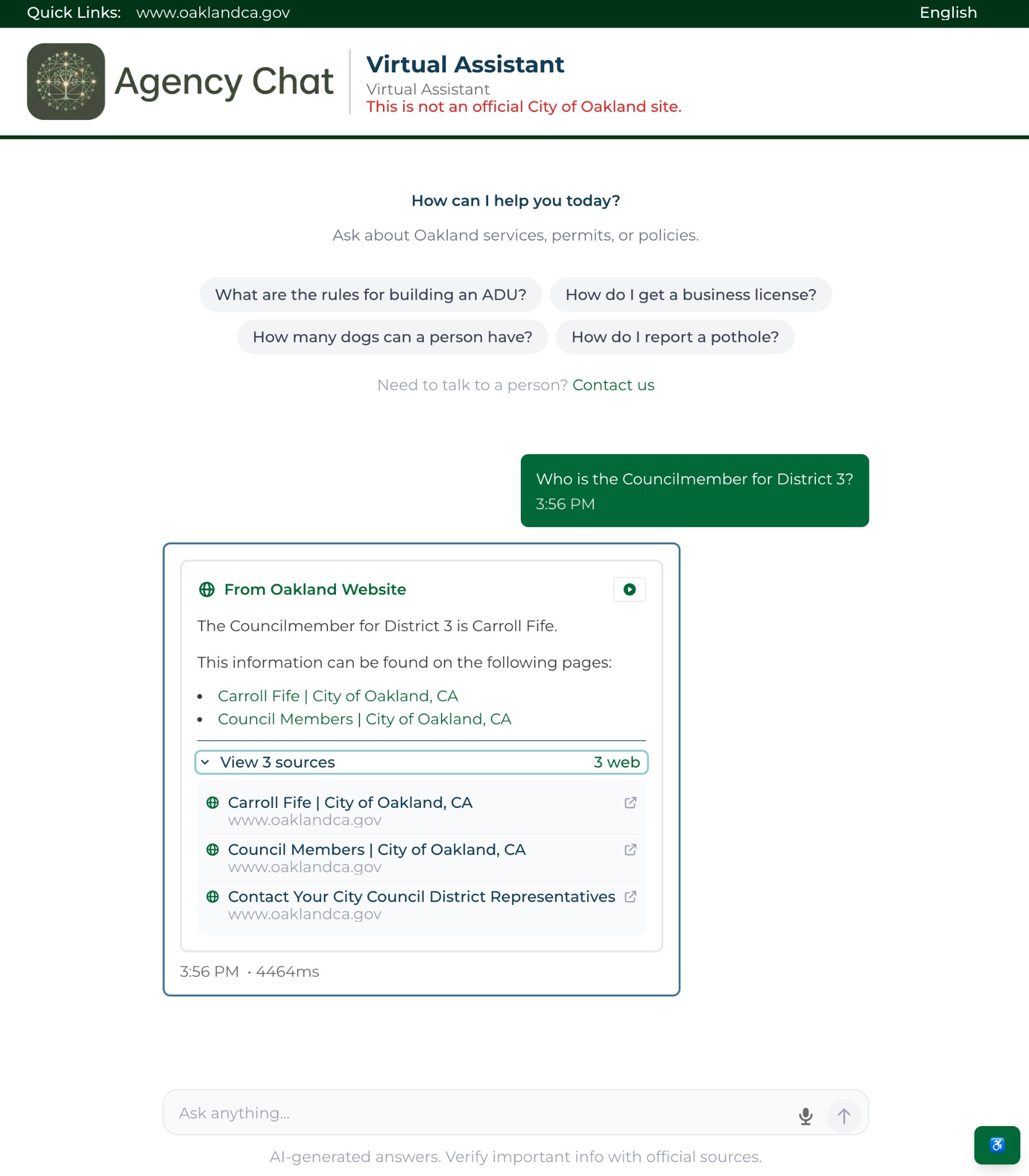 City of Oakland Virtual Assistant showing website search results with citations